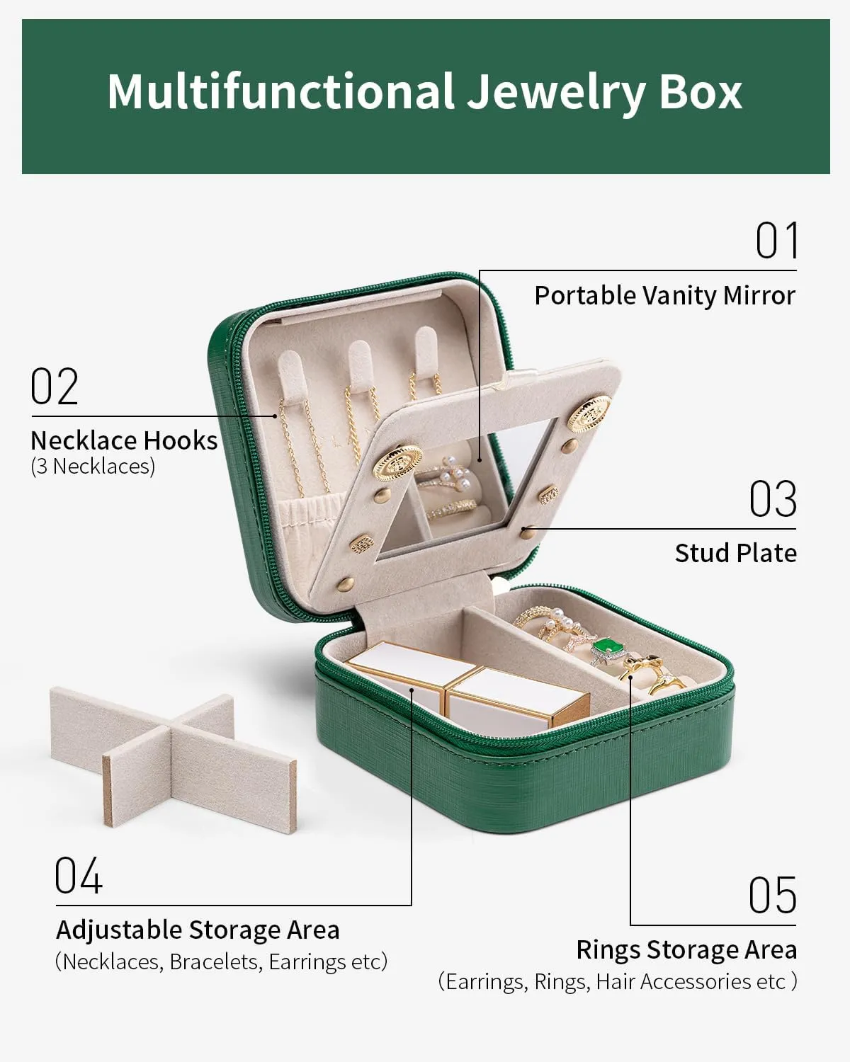 Vlando Small Travel Jewelry Box Organizer - Girls Women Gift Rings Earrings Necklaces Jewelry Storage Display Case with Mirror Dark Green