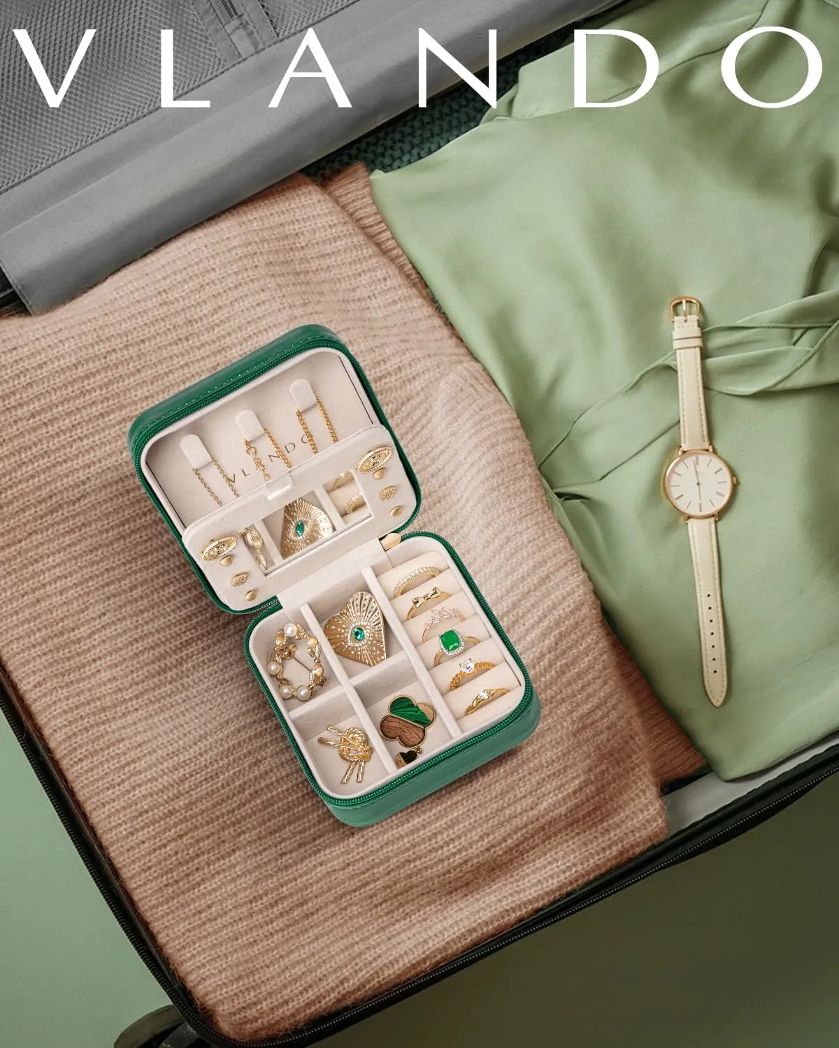 Vlando Small Travel Jewelry Box Organizer - Girls Women Gift Rings Earrings Necklaces Jewelry Storage Display Case with Mirror Dark Green