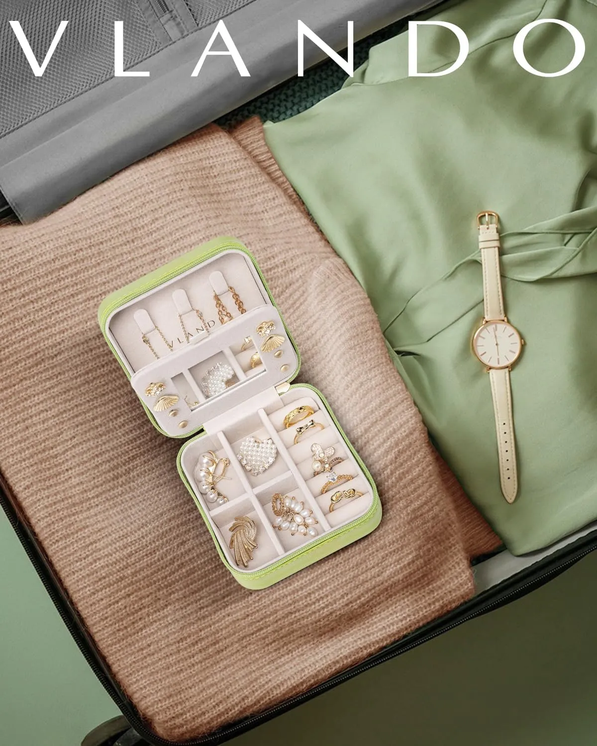 Vlando Small Travel Jewelry Box Organizer - Girls Women Gift Rings Earrings Necklaces Jewelry Storage Display Case with Mirror Green