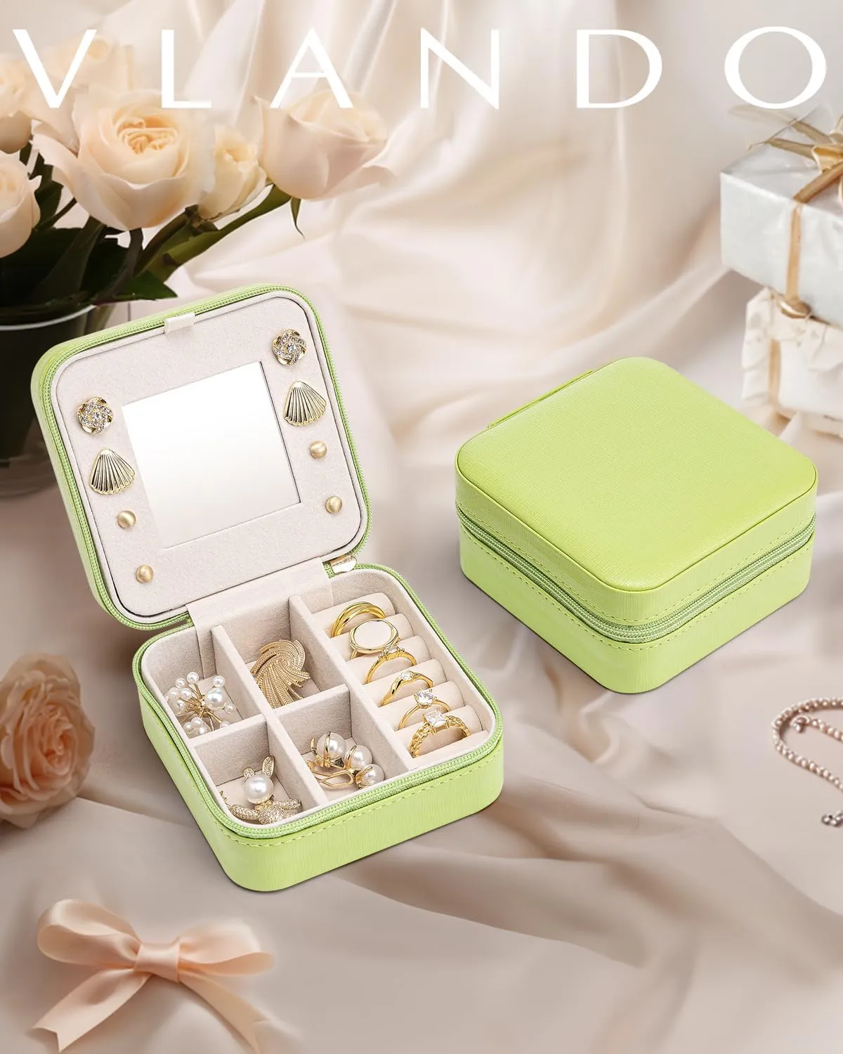 Vlando Small Travel Jewelry Box Organizer - Girls Women Gift Rings Earrings Necklaces Jewelry Storage Display Case with Mirror Green