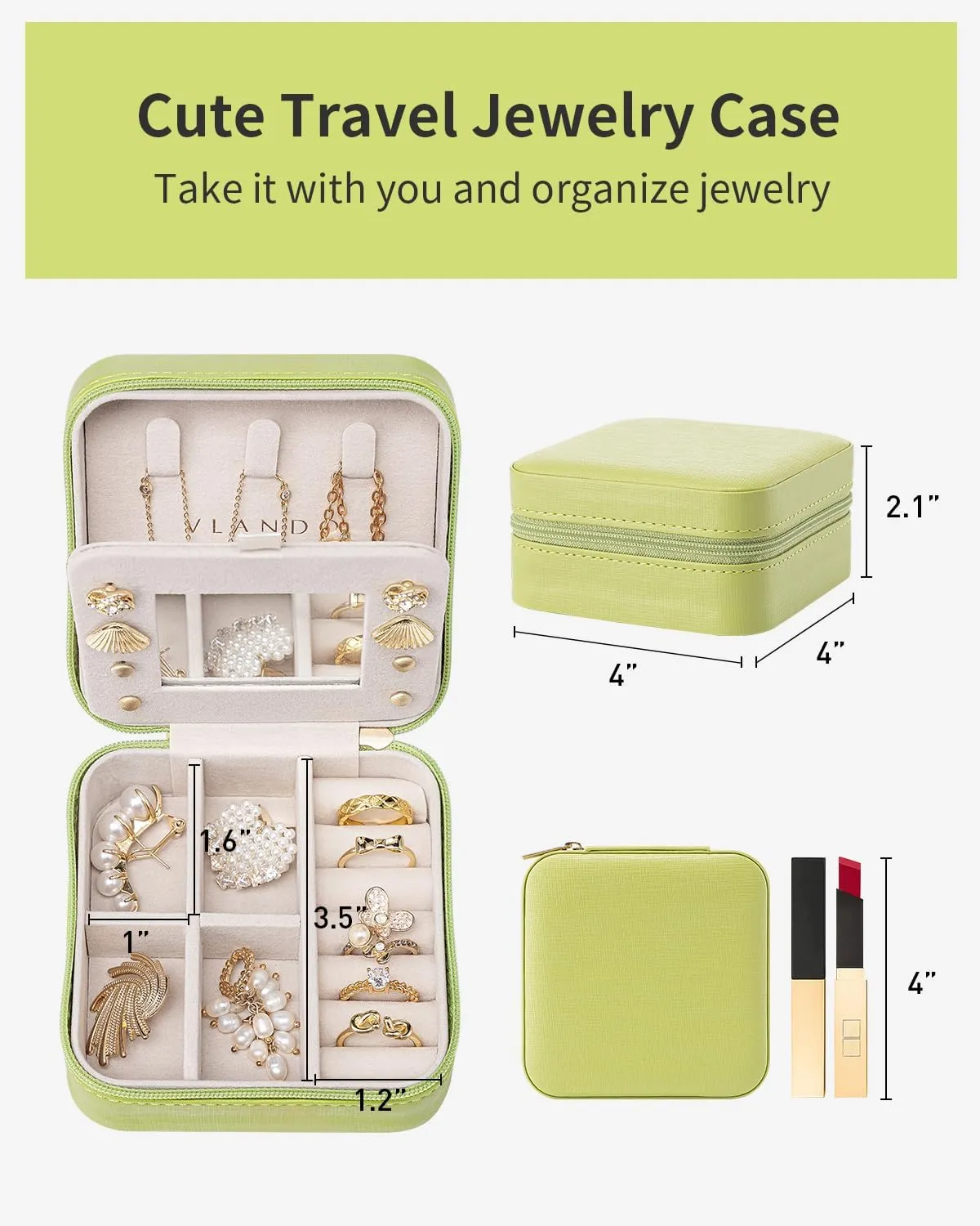 Vlando Small Travel Jewelry Box Organizer - Girls Women Gift Rings Earrings Necklaces Jewelry Storage Display Case with Mirror Green