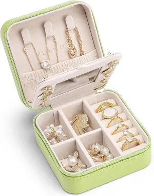 Vlando Small Travel Jewelry Box Organizer - Girls Women Gift Rings Earrings Necklaces Jewelry Storage Display Case with Mirror Green