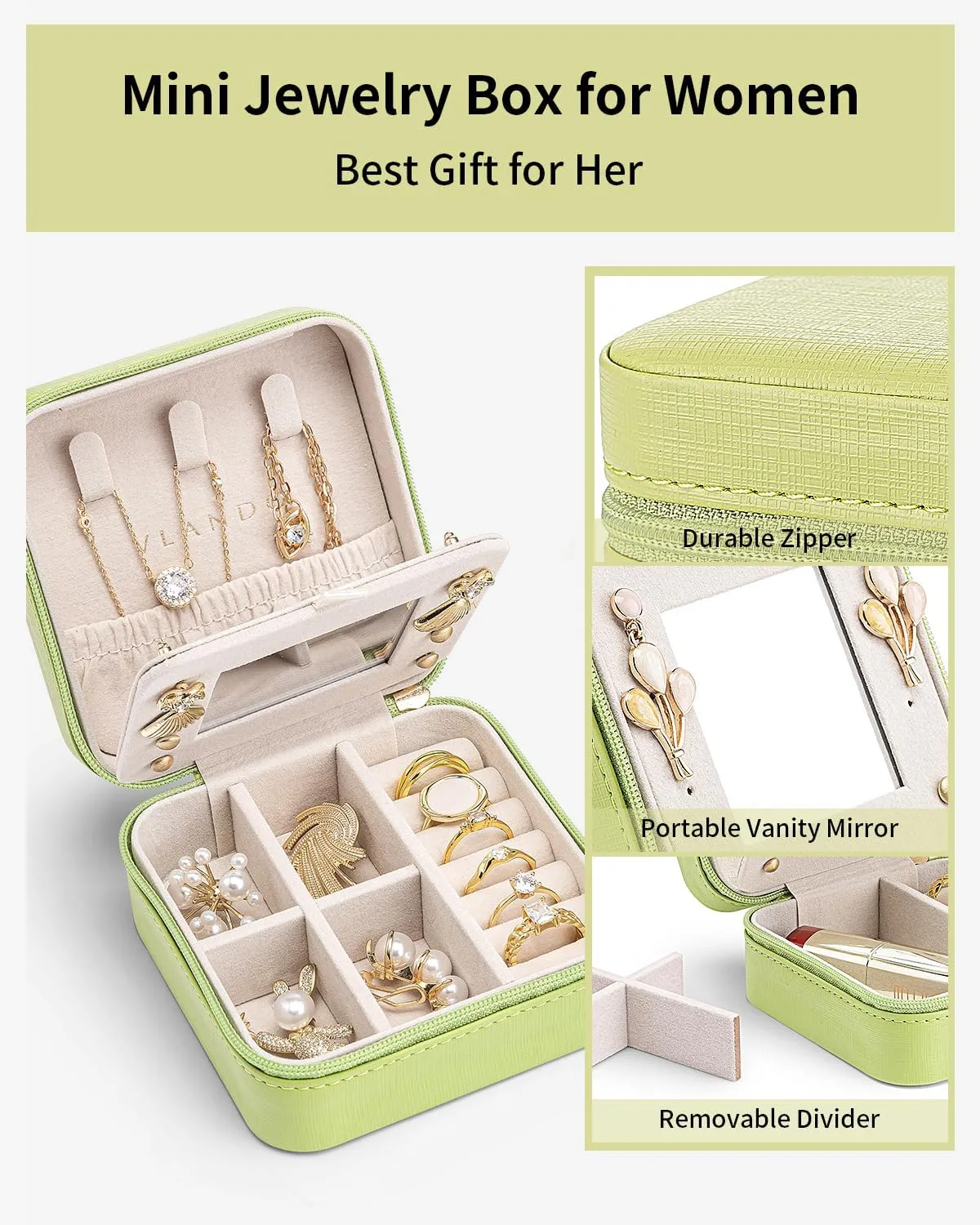 Vlando Small Travel Jewelry Box Organizer - Girls Women Gift Rings Earrings Necklaces Jewelry Storage Display Case with Mirror Green