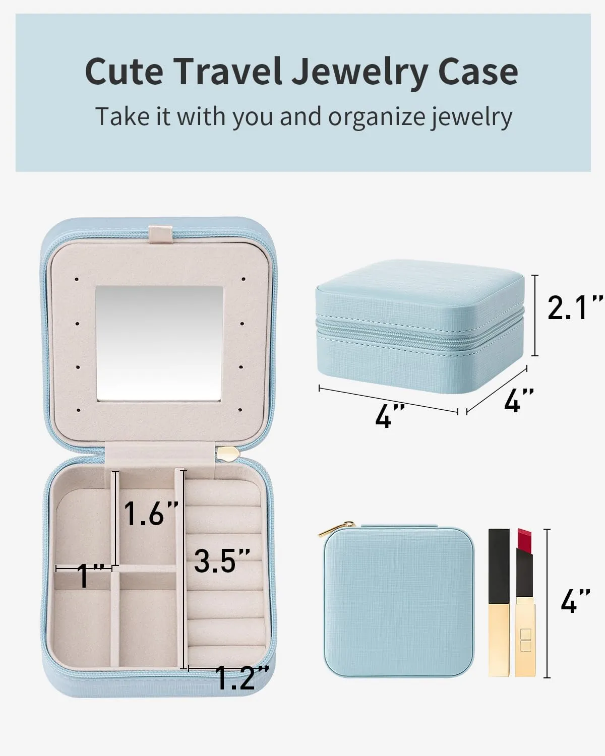 Vlando Teacher Appreciation Graduation Gifts - Small Travel Jewelry Box Organizer - Display Case for Girls Women Gift Rings Earrings Necklaces Storage with Mirror Blue