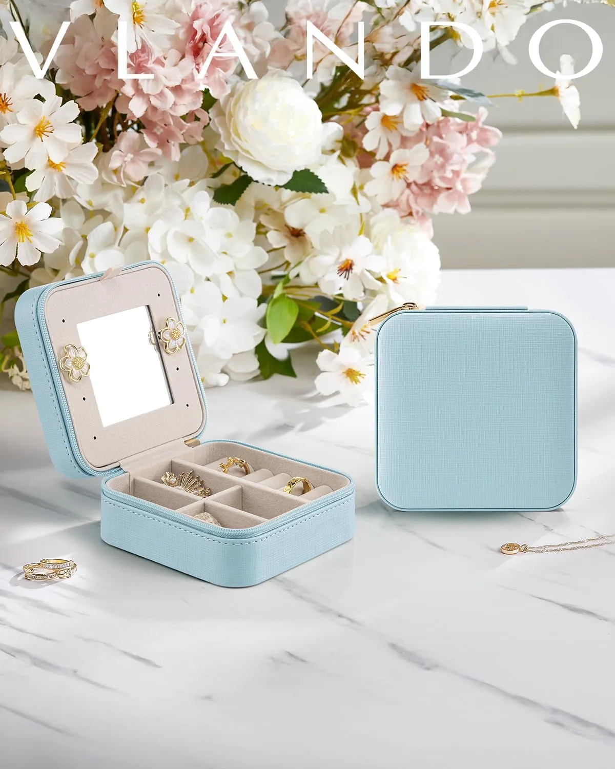 Vlando Teacher Appreciation Graduation Gifts - Small Travel Jewelry Box Organizer - Display Case for Girls Women Gift Rings Earrings Necklaces Storage with Mirror Blue