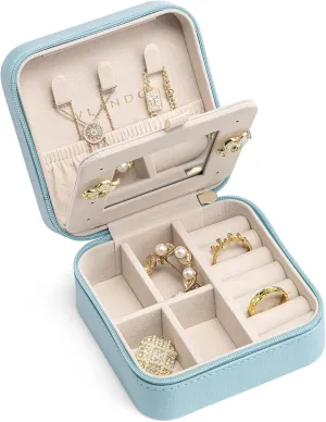 Vlando Teacher Appreciation Graduation Gifts - Small Travel Jewelry Box Organizer - Display Case for Girls Women Gift Rings Earrings Necklaces Storage with Mirror Blue