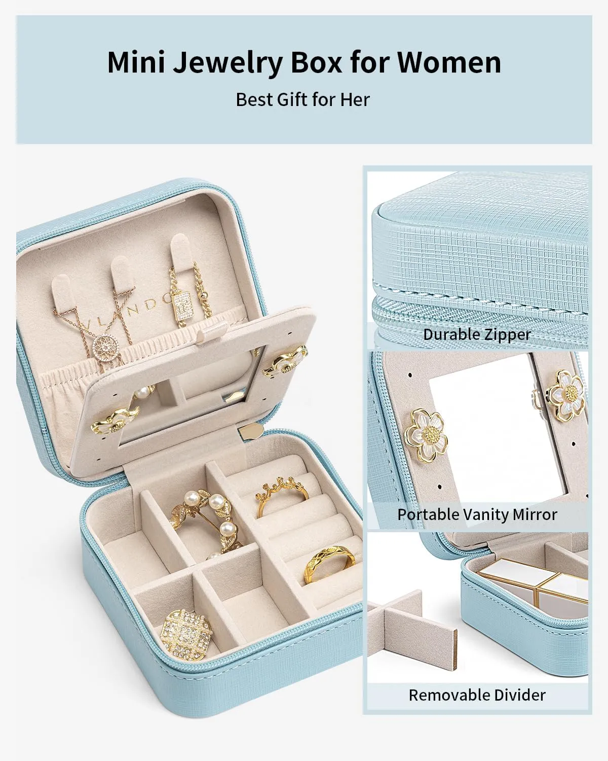 Vlando Teacher Appreciation Graduation Gifts - Small Travel Jewelry Box Organizer - Display Case for Girls Women Gift Rings Earrings Necklaces Storage with Mirror Blue