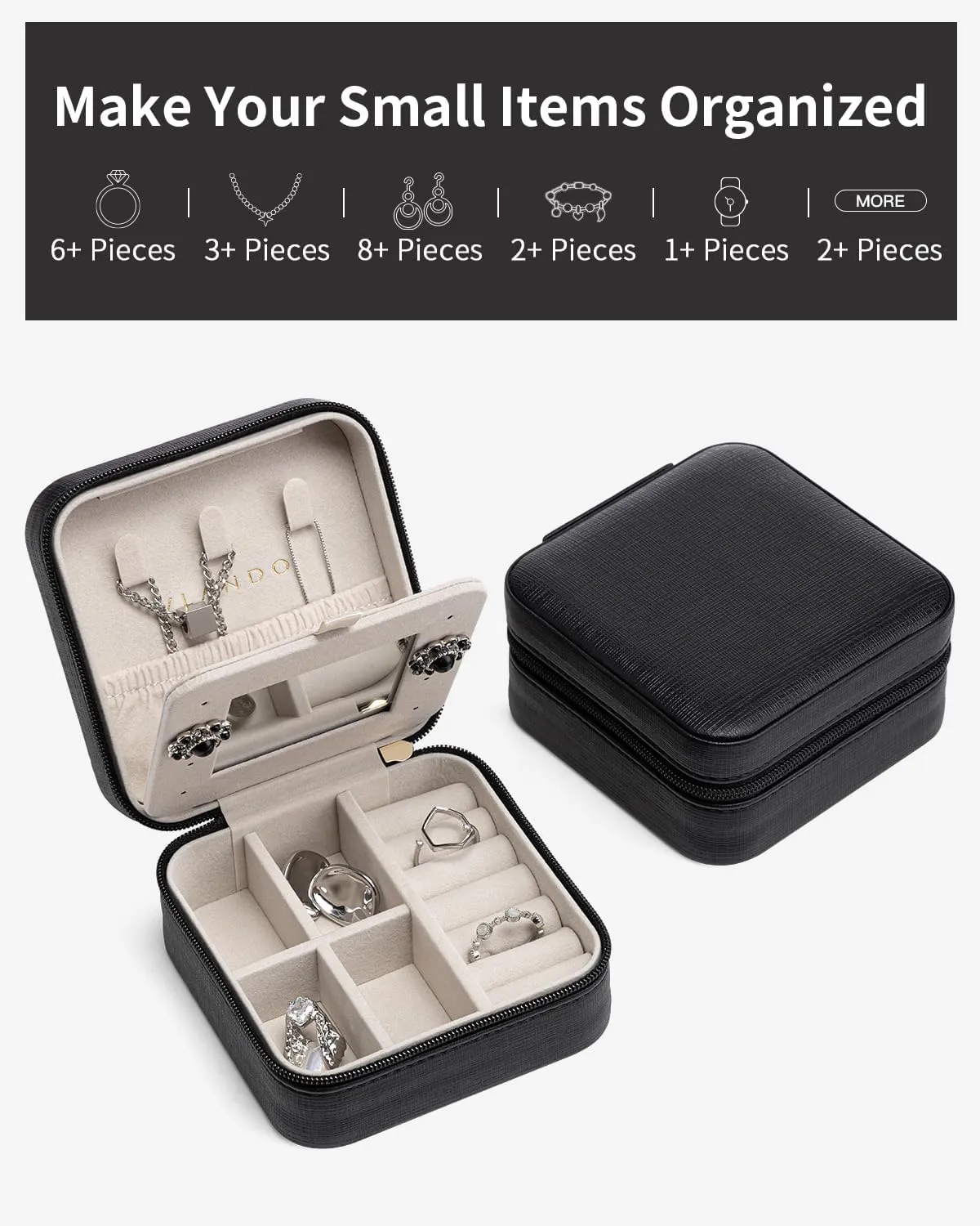 Vlando Travel Jewelry Case, Small Jewelry Travel Organizer Box for Girls Women with Mirror Black