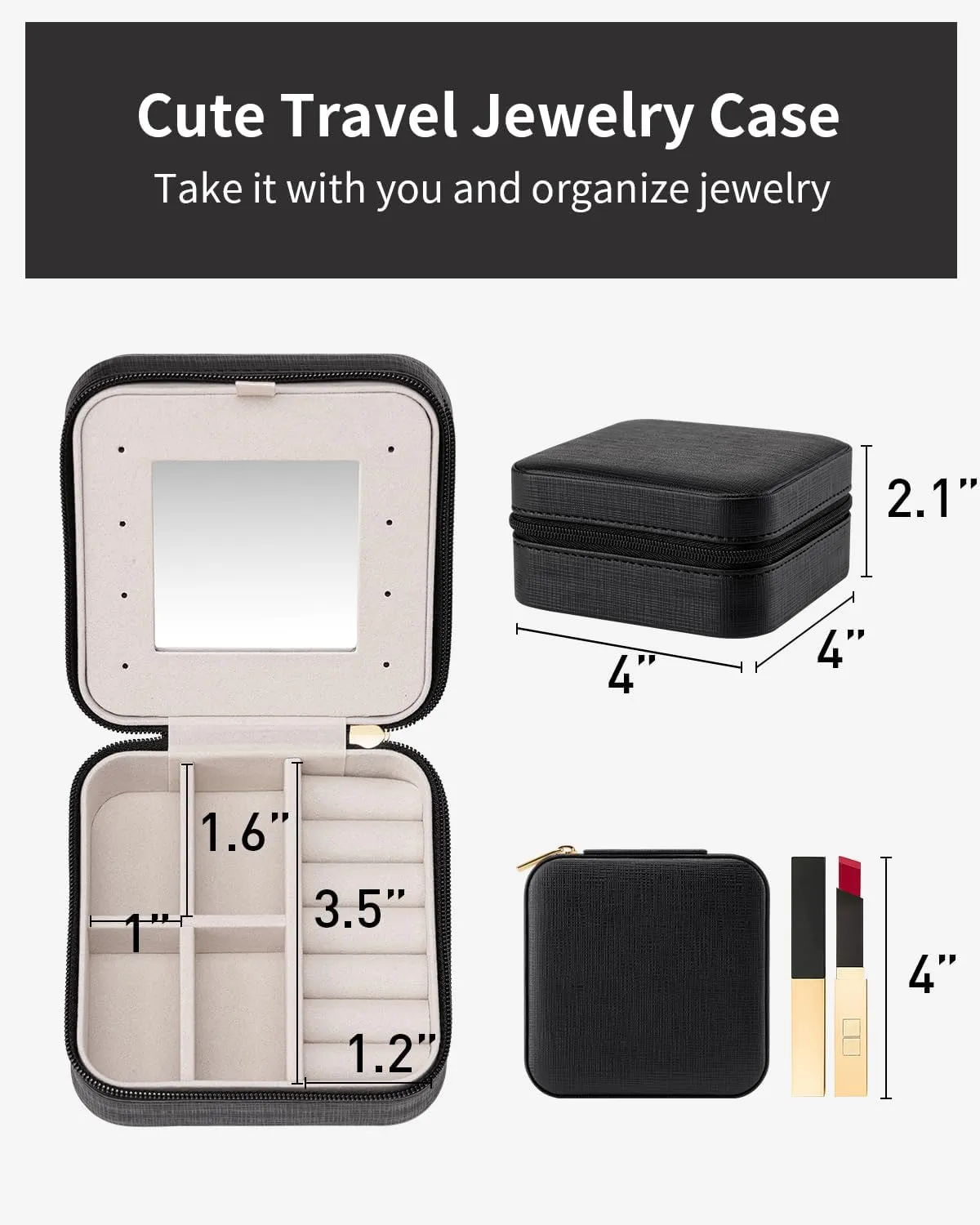 Vlando Travel Jewelry Case, Small Jewelry Travel Organizer Box for Girls Women with Mirror Black