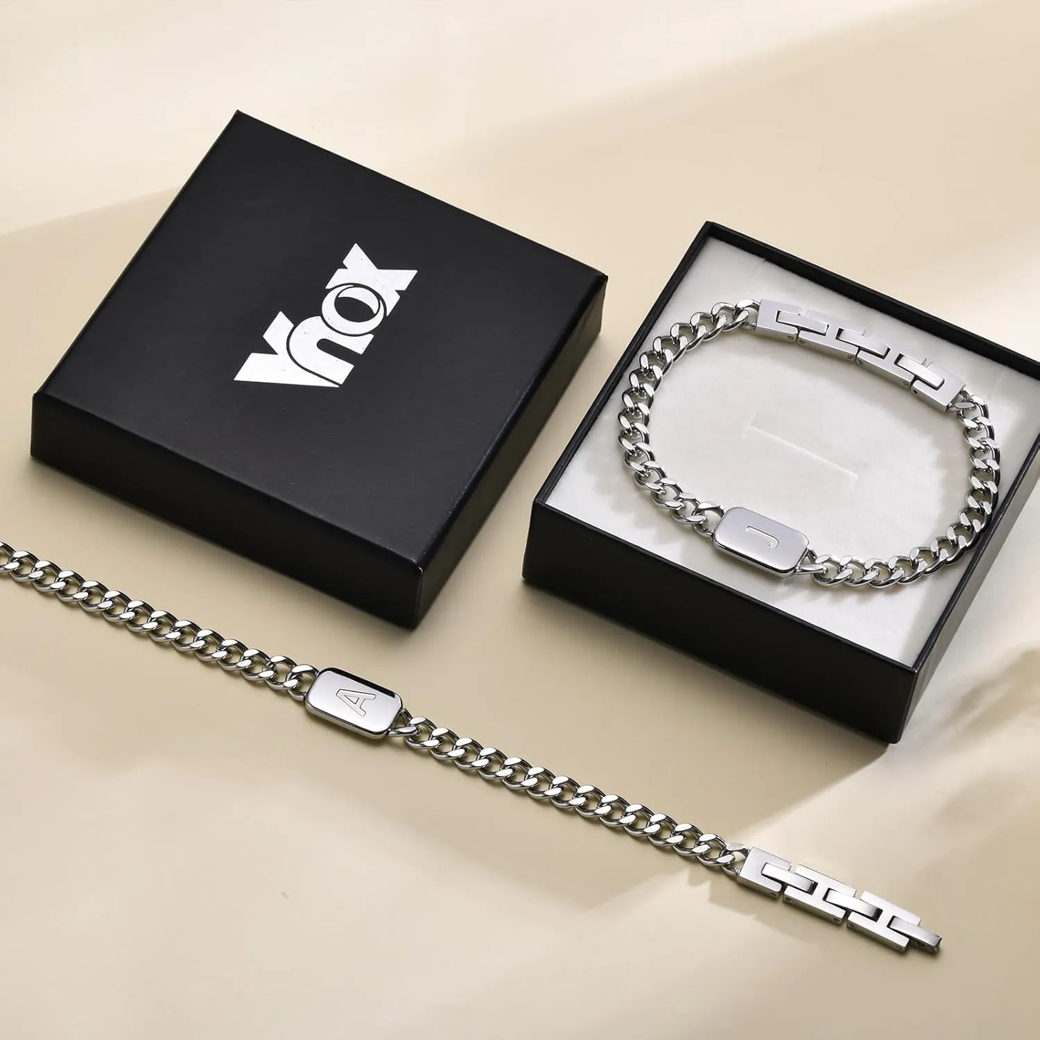 VNOX Initial Bracelet for Men Boys - Simple Mens A-Z Letter Cuban Link Chain Bracelets, Adjustable Solid Stainless Steel Jewelry Gifts for Men Dad Boyfriend