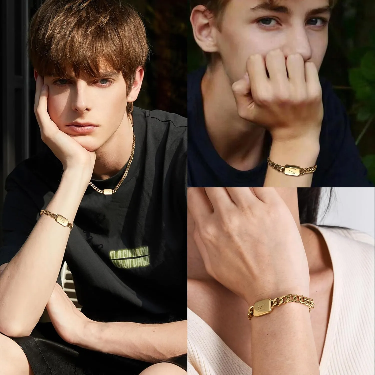 VNOX Initial Bracelet for Men Boys - Simple Mens A-Z Letter Cuban Link Chain Bracelets, Adjustable Solid Stainless Steel Jewelry Gifts for Men Dad Boyfriend