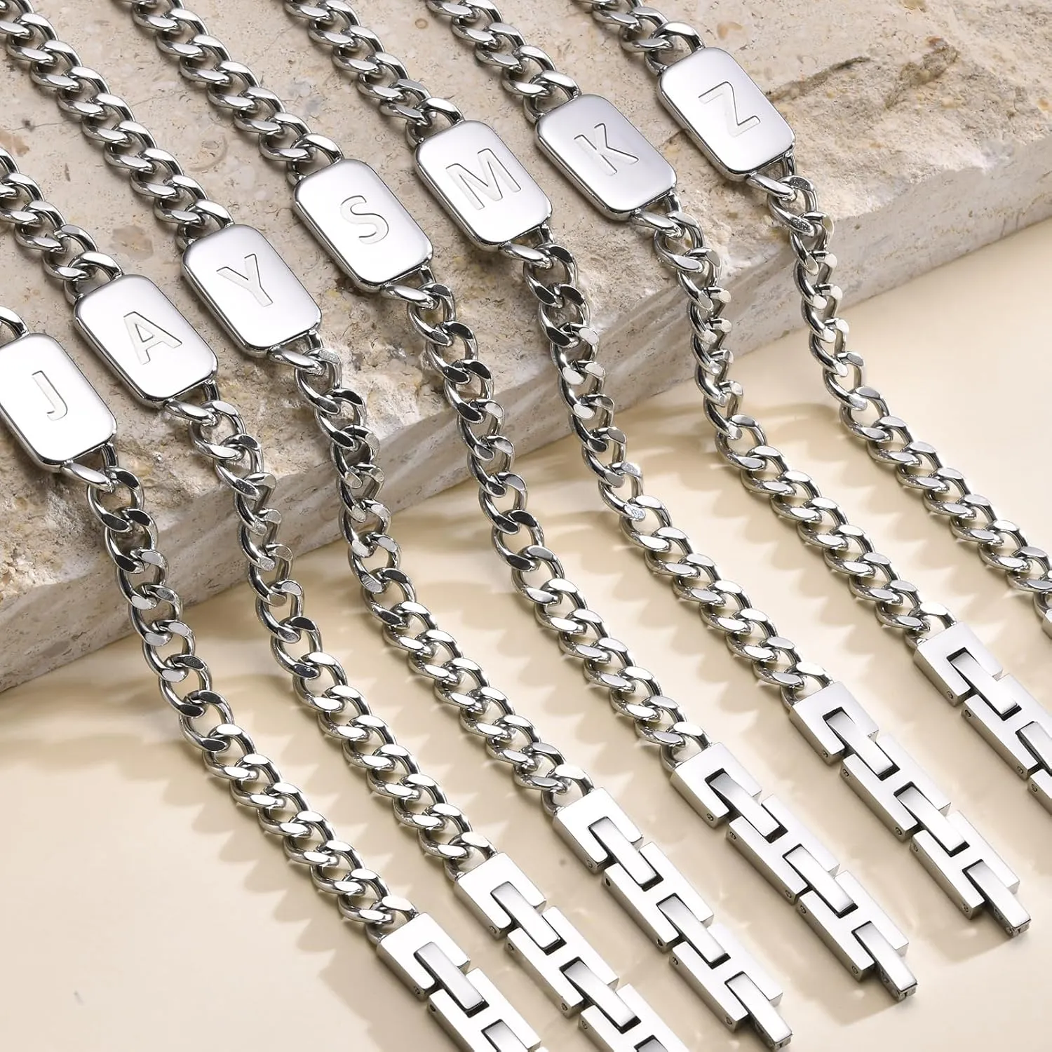 VNOX Initial Bracelet for Men Boys - Simple Mens A-Z Letter Cuban Link Chain Bracelets, Adjustable Solid Stainless Steel Jewelry Gifts for Men Dad Boyfriend
