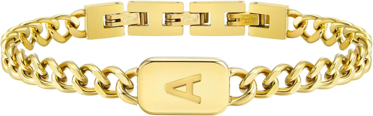 VNOX Initial Bracelet for Men Boys - Simple Mens A-Z Letter Cuban Link Chain Bracelets, Adjustable Solid Stainless Steel Jewelry Gifts for Men Dad Boyfriend