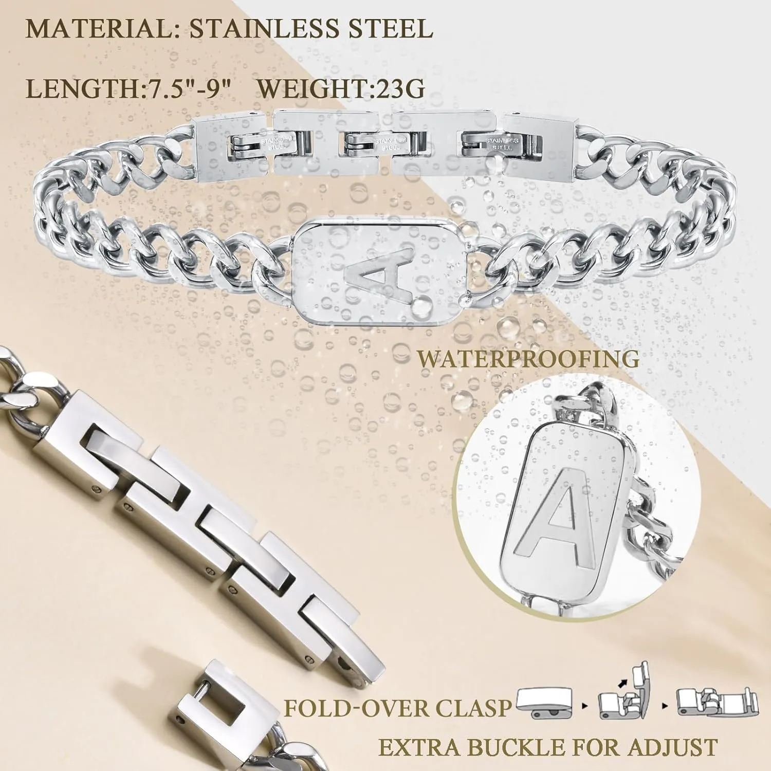 VNOX Initial Bracelet for Men Boys - Simple Mens A-Z Letter Cuban Link Chain Bracelets, Adjustable Solid Stainless Steel Jewelry Gifts for Men Dad Boyfriend