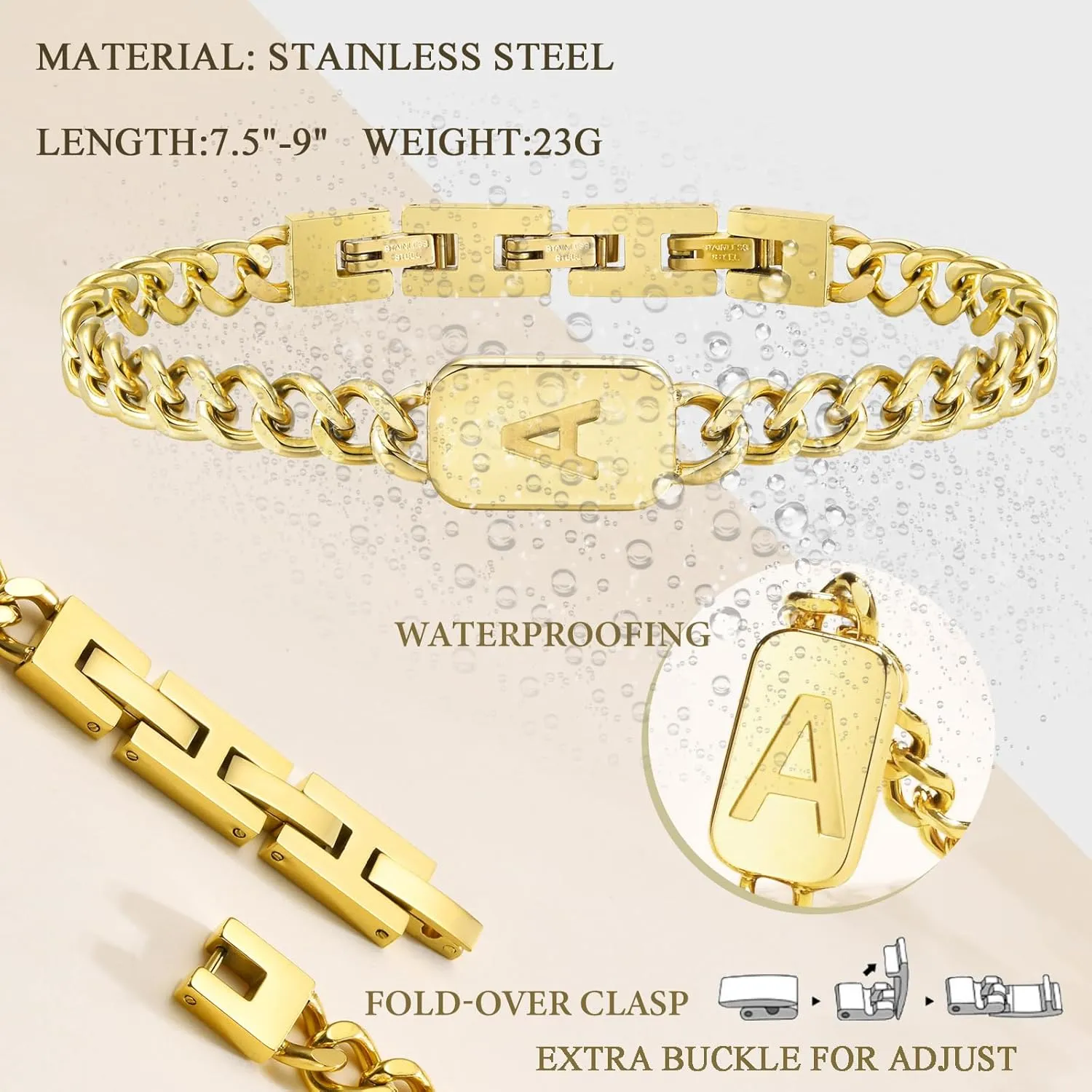 VNOX Initial Bracelet for Men Boys - Simple Mens A-Z Letter Cuban Link Chain Bracelets, Adjustable Solid Stainless Steel Jewelry Gifts for Men Dad Boyfriend