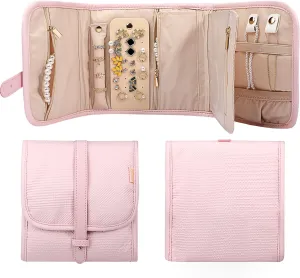Voova Travel Jewelry Holder Organizer Case, Small Jewelry Storage Bag for Women Girls, Foldable Traveling Jewellery Pouch Roll for Necklaces Rings Earrings Bracelets, Mini, Light Pink