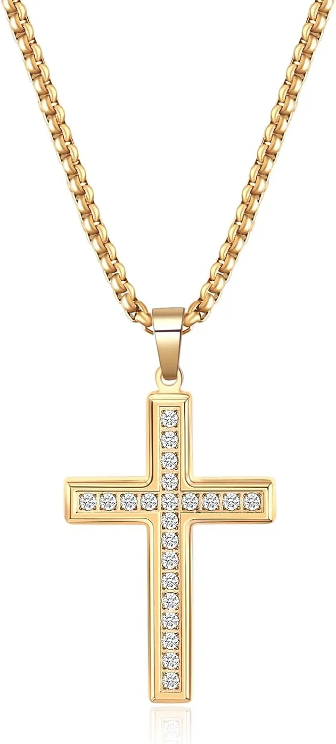 VQYSKO Cross Necklace for Men Women, CZ 14k Gold Plated Stainless Steel Plain Simple Cross Pendant Necklace for Men