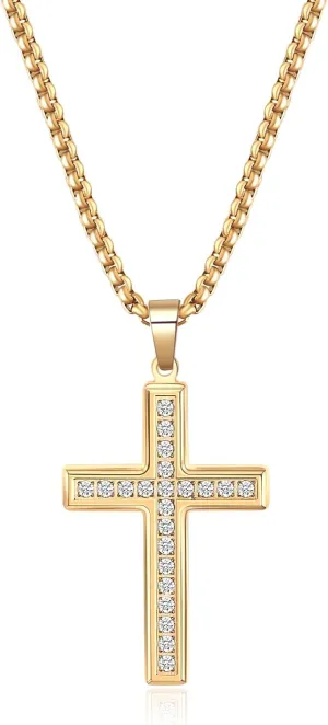 VQYSKO Cross Necklace for Men Women, CZ 14k Gold Plated Stainless Steel Plain Simple Cross Pendant Necklace for Men