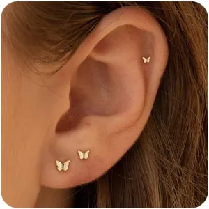 VRIUA Tiny Flat Back Earrings for Women - 14K Gold Plated Small Butterfly, Flower, Cross, Star, Diamond, Pearl Stud | Hypoallergenic Helix Piercing Jewelry Cartilage Earrings