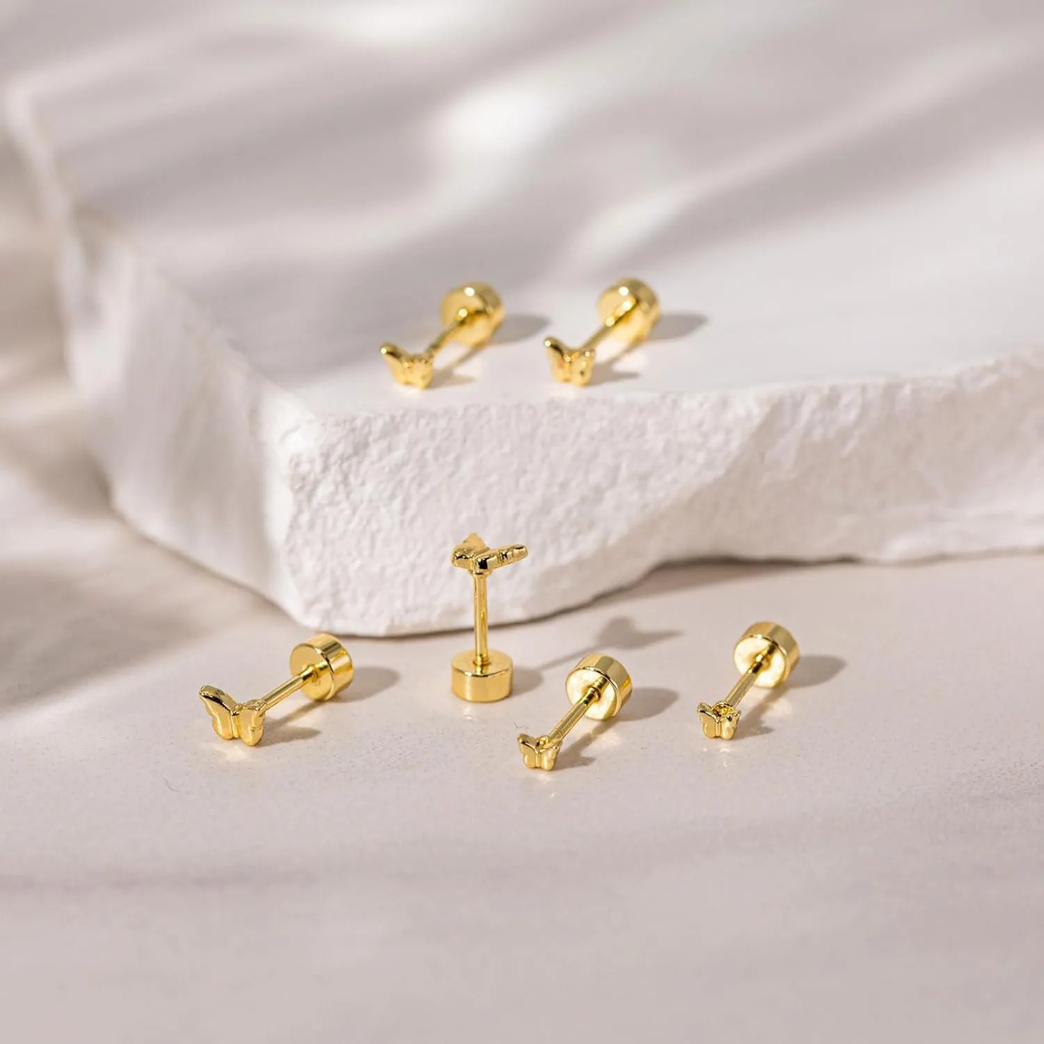 VRIUA Tiny Flat Back Earrings for Women - 14K Gold Plated Small Butterfly, Flower, Cross, Star, Diamond, Pearl Stud | Hypoallergenic Helix Piercing Jewelry Cartilage Earrings