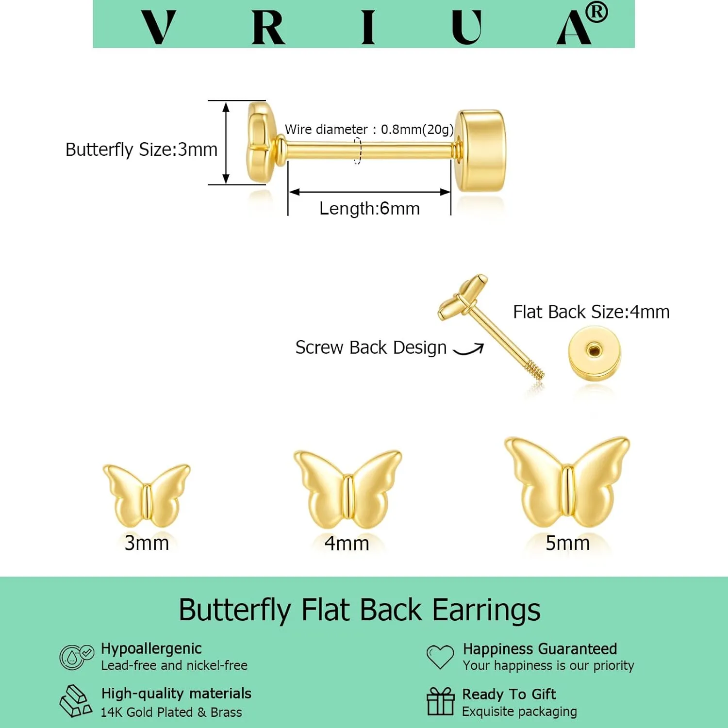 VRIUA Tiny Flat Back Earrings for Women - 14K Gold Plated Small Butterfly, Flower, Cross, Star, Diamond, Pearl Stud | Hypoallergenic Helix Piercing Jewelry Cartilage Earrings