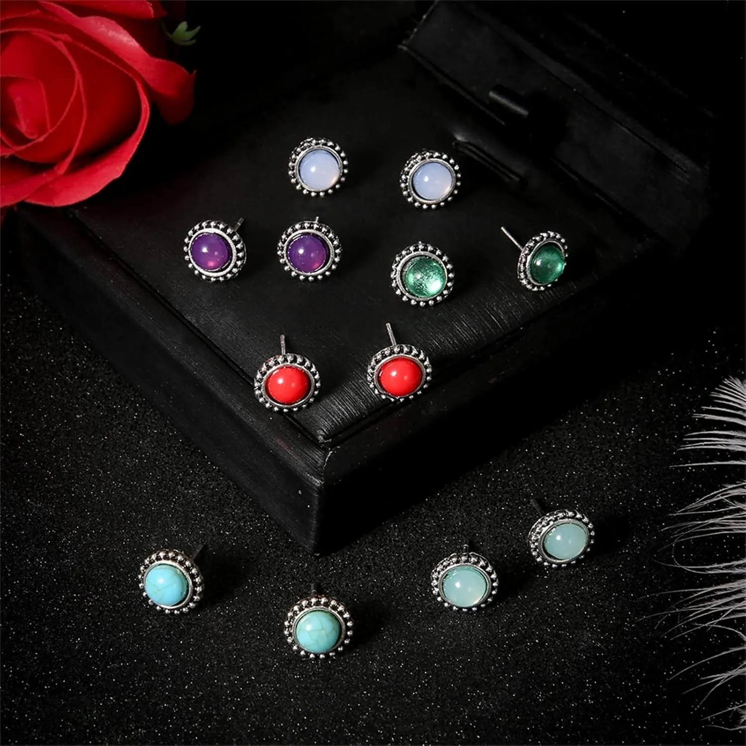 WCRAZYE Western Stud Earrings for Women Handmade Vintage Bohemian Silver Cowgirl Small Turquoise Geometric Studs Earrings Country Jewelry Gifts