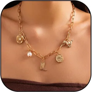 Western Choker Necklace for Women Gold Charm Necklace Cowboot Hat Necklace Bull Head Necklace Pearl Cross Turquoise Necklace Western Outfits for Women