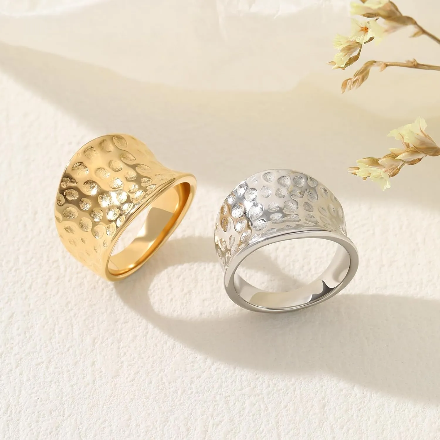 Wide Statement Hammered Band Rings for Women and MenHigh 14K Gold Plated Polish Large Thumb Index Full Finger Rinds Size 5-10Gold and Silver