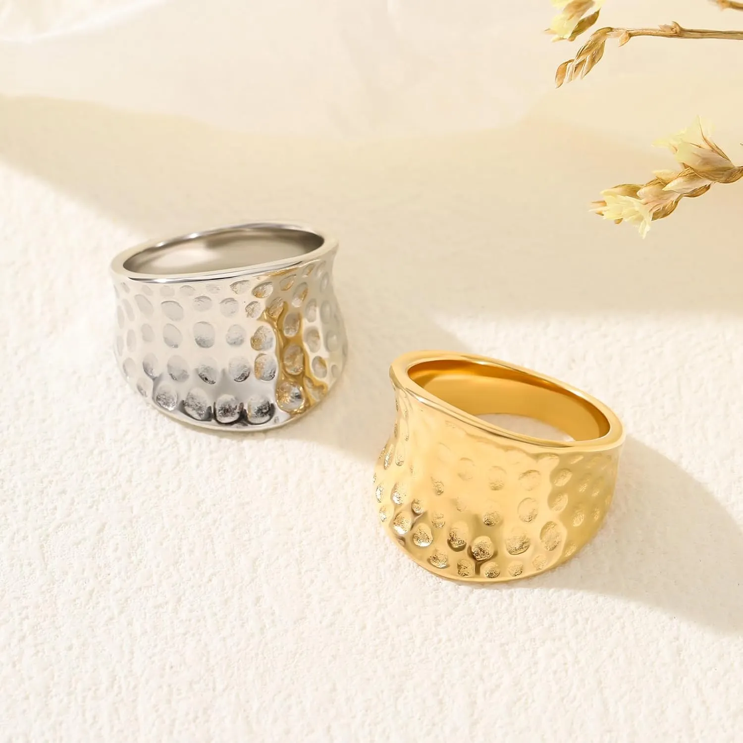 Wide Statement Hammered Band Rings for Women and MenHigh 14K Gold Plated Polish Large Thumb Index Full Finger Rinds Size 5-10Gold and Silver