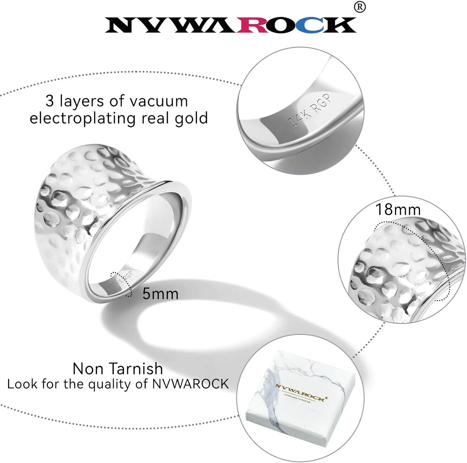 Wide Statement Hammered Band Rings for Women and MenHigh 14K Gold Plated Polish Large Thumb Index Full Finger Rinds Size 5-10Gold and Silver