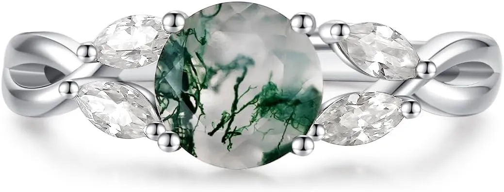 Willow Moss Agate Engagement Rings for Women, 1.2ct Moissanite Wedding Rings 925 Sterling Silver Vermeil Twig Round Cut Moss Agate Rings for Women Gifts