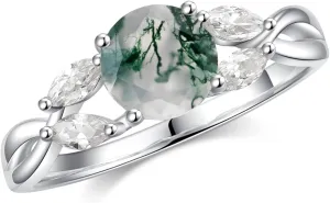 Willow Moss Agate Engagement Rings for Women, 1.2ct Moissanite Wedding Rings 925 Sterling Silver Vermeil Twig Round Cut Moss Agate Rings for Women Gifts