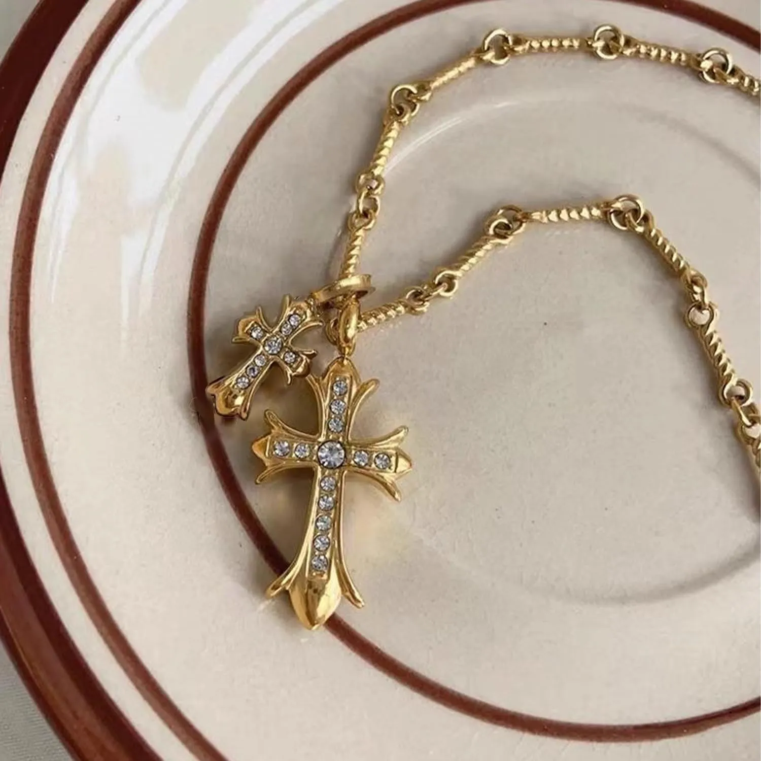 Women's Double Cross Necklace Gold Chunky Cross Necklace Celtic Cross Necklace Women Mens Gothic Cross Necklace Cz Trendy Chain Gold Plated Necklaces