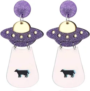 Women`s Fashion and Fun Acrylic Big Cute UFO Aliens Cosmos and Space Drops Stud Earrings