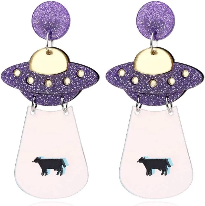 Women`s Fashion and Fun Acrylic Big Cute UFO Aliens Cosmos and Space Drops Stud Earrings