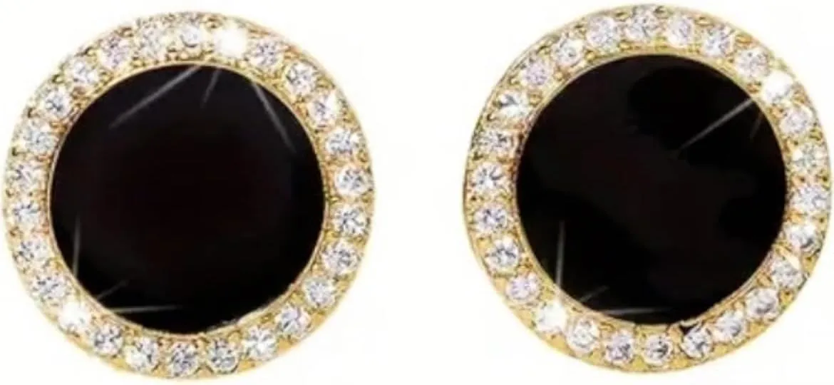 Women's Gold and Black Stud Earrings with Crystals, Trendy, Elegant, Gold Plated,
