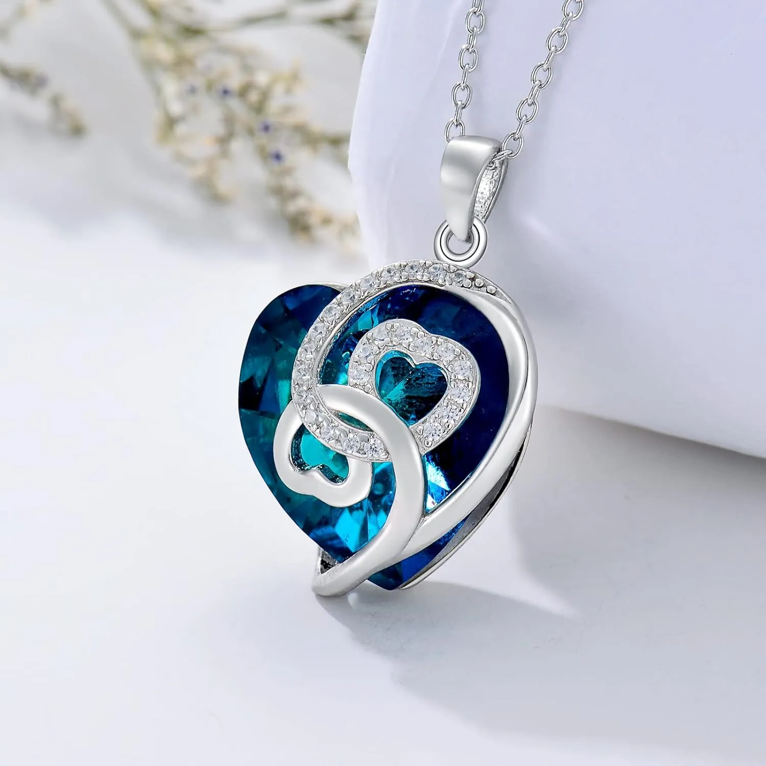 Women's Love Heart Necklaces, Sterling Silver Clear Crystal Birthstone Heart Pendant Jewelry Anniversary Birthday Gift for Her, Mom, Wife, Girl