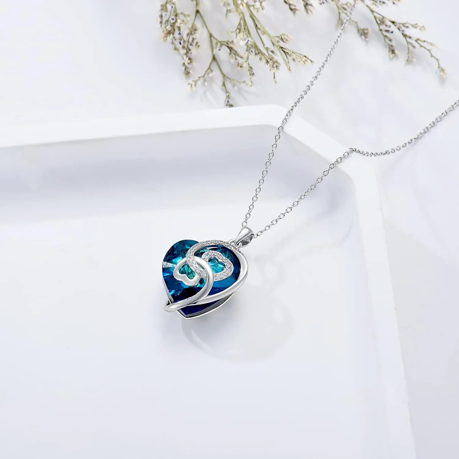 Women's Love Heart Necklaces, Sterling Silver Clear Crystal Birthstone Heart Pendant Jewelry Anniversary Birthday Gift for Her, Mom, Wife, Girl