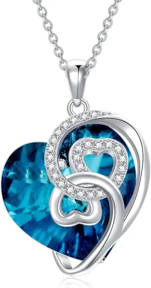 Women's Love Heart Necklaces, Sterling Silver Clear Crystal Birthstone Heart Pendant Jewelry Anniversary Birthday Gift for Her, Mom, Wife, Girl