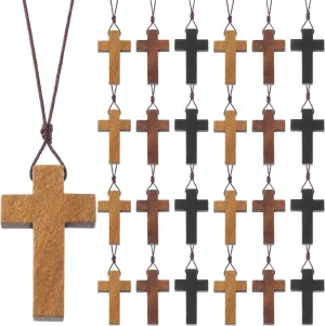 Wood Cross Necklace Bulk for Bible Verse Party Favor 3 Color Wood Cross Pendant Necklace Wooden Crucifix on Cord