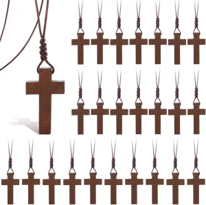 Wood Cross Necklace Bulk for Men Women Easter Bible Verse Party Favor Wood Cross Pendant Necklace Crucifix on Cord