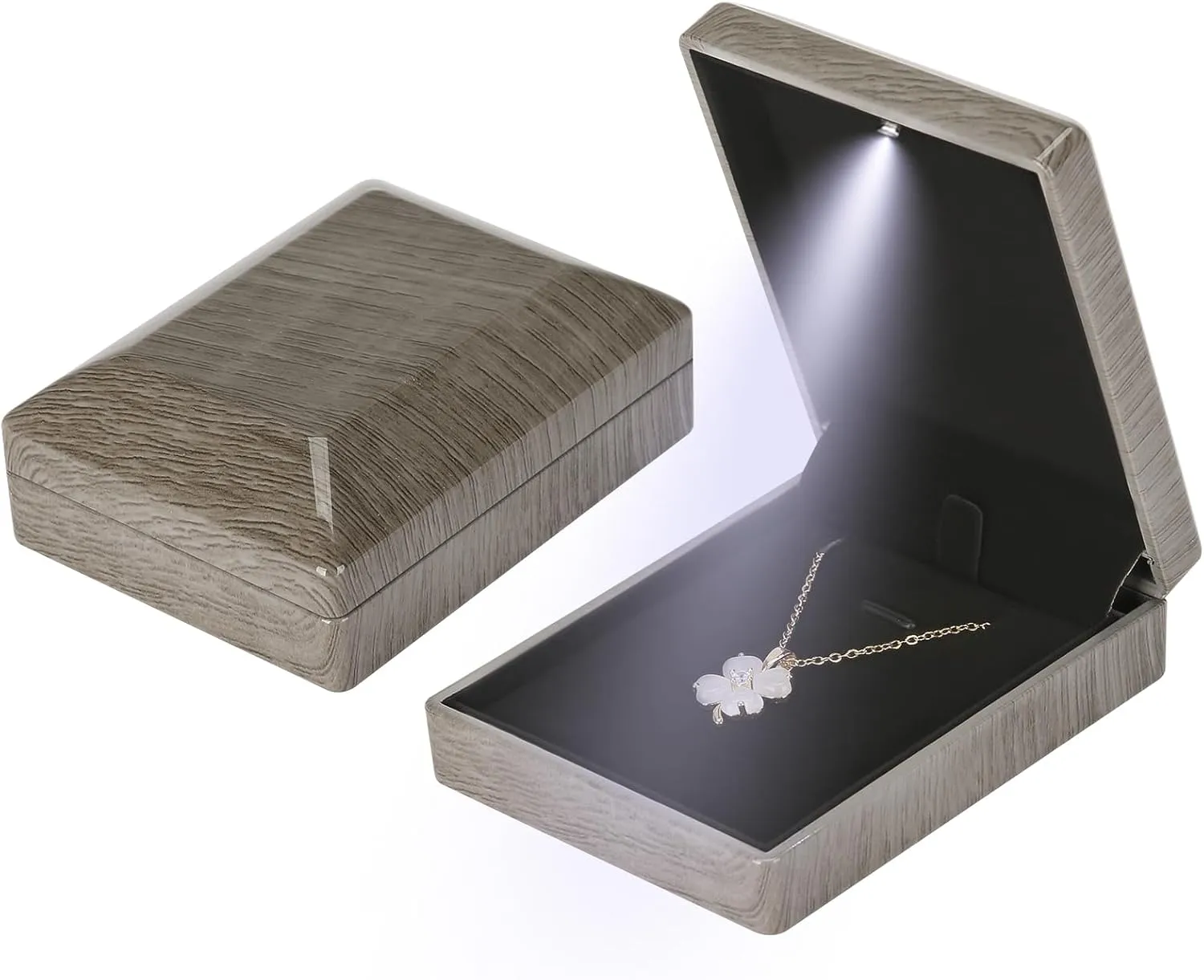 Wooden Jewelry Necklace Pendant Gift Box with LED Light, Small Velvet Lining Necklace Bracelet Display Holder Boxes for Wedding Christmas Engagement Birthday Anniversary (Style 1)