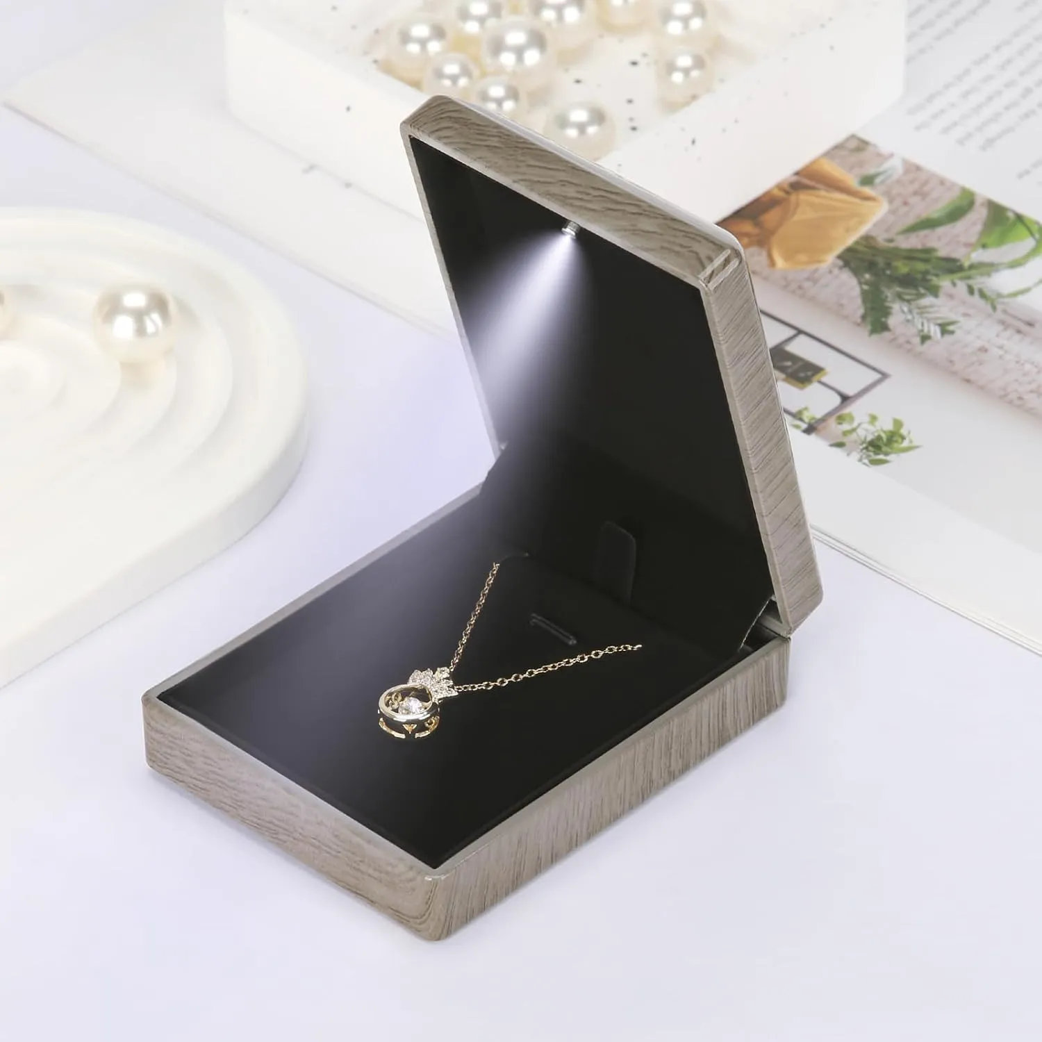 Wooden Jewelry Necklace Pendant Gift Box with LED Light, Small Velvet Lining Necklace Bracelet Display Holder Boxes for Wedding Christmas Engagement Birthday Anniversary (Style 1)