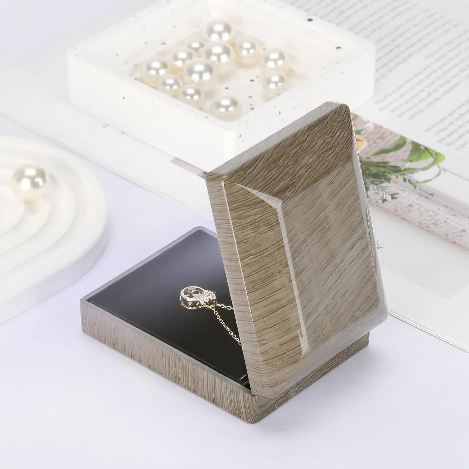 Wooden Jewelry Necklace Pendant Gift Box with LED Light, Small Velvet Lining Necklace Bracelet Display Holder Boxes for Wedding Christmas Engagement Birthday Anniversary (Style 1)