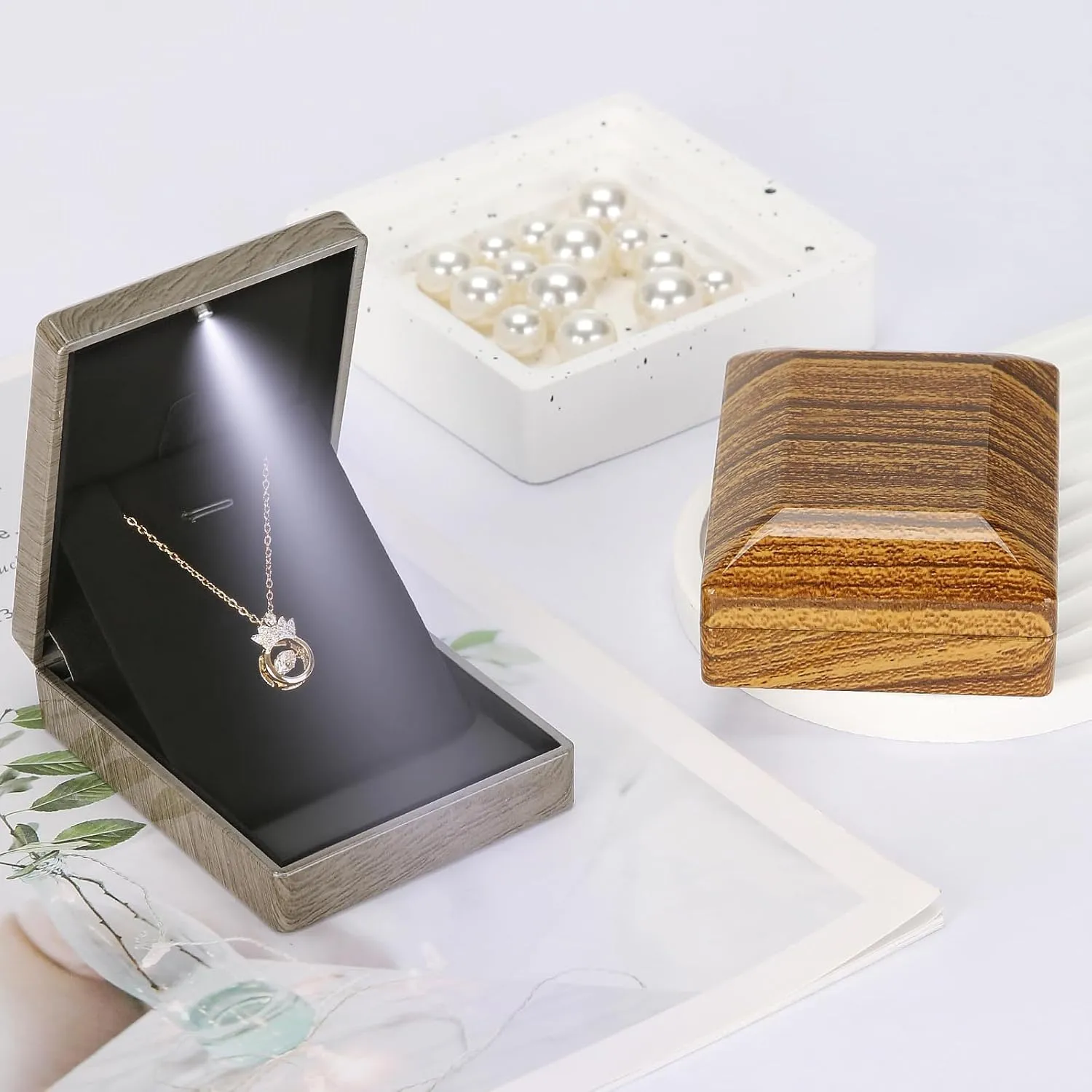 Wooden Jewelry Necklace Pendant Gift Box with LED Light, Small Velvet Lining Necklace Bracelet Display Holder Boxes for Wedding Christmas Engagement Birthday Anniversary (Style 1)