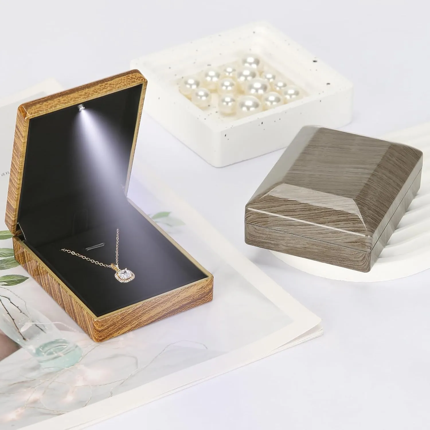 Wooden Jewelry Necklace Pendant Gift Box with LED Light, Small Velvet Lining Necklace Bracelet Display Holder Boxes for Wedding Christmas Engagement Birthday Anniversary (Style 2)