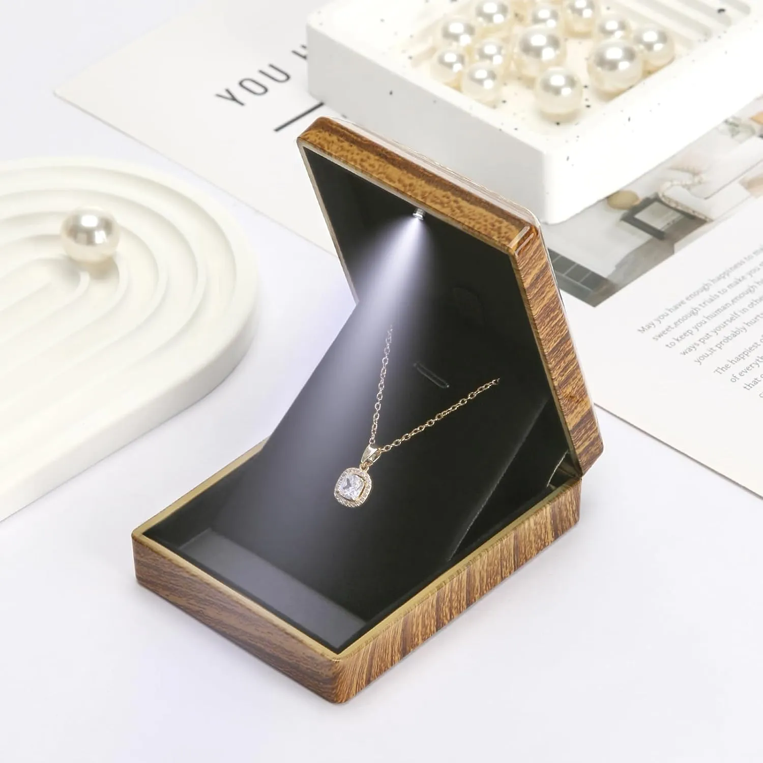 Wooden Jewelry Necklace Pendant Gift Box with LED Light, Small Velvet Lining Necklace Bracelet Display Holder Boxes for Wedding Christmas Engagement Birthday Anniversary (Style 2)