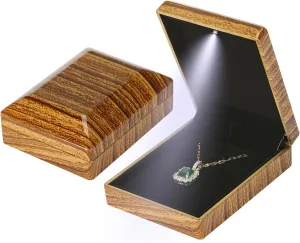 Wooden Jewelry Necklace Pendant Gift Box with LED Light, Small Velvet Lining Necklace Bracelet Display Holder Boxes for Wedding Christmas Engagement Birthday Anniversary (Style 2)