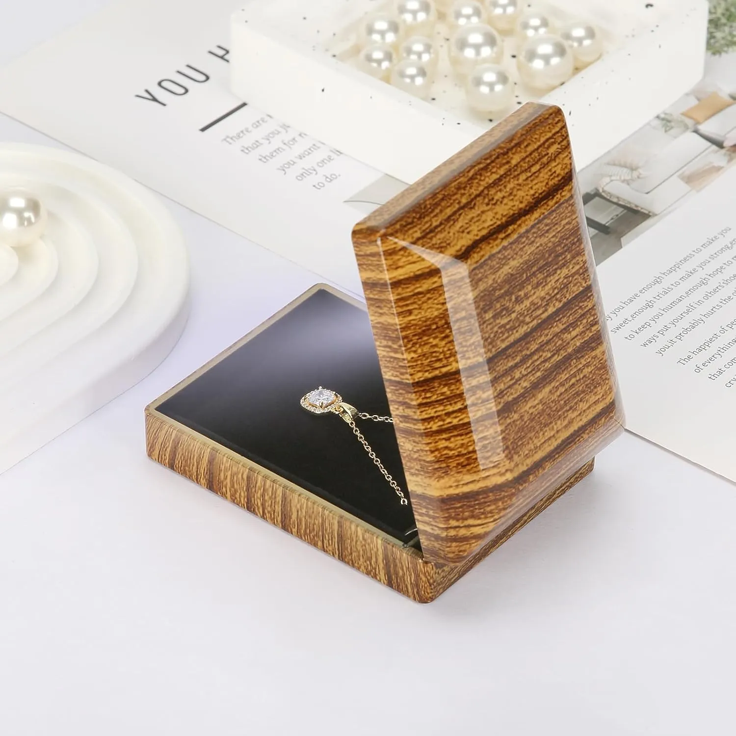 Wooden Jewelry Necklace Pendant Gift Box with LED Light, Small Velvet Lining Necklace Bracelet Display Holder Boxes for Wedding Christmas Engagement Birthday Anniversary (Style 2)