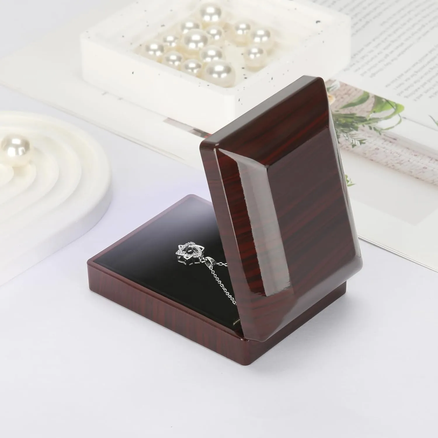 Wooden Jewelry Necklace Pendant Gift Box with LED Light, Small Velvet Lining Necklace Bracelet Display Holder Boxes for Wedding Christmas Engagement Birthday Anniversary (Style 3)